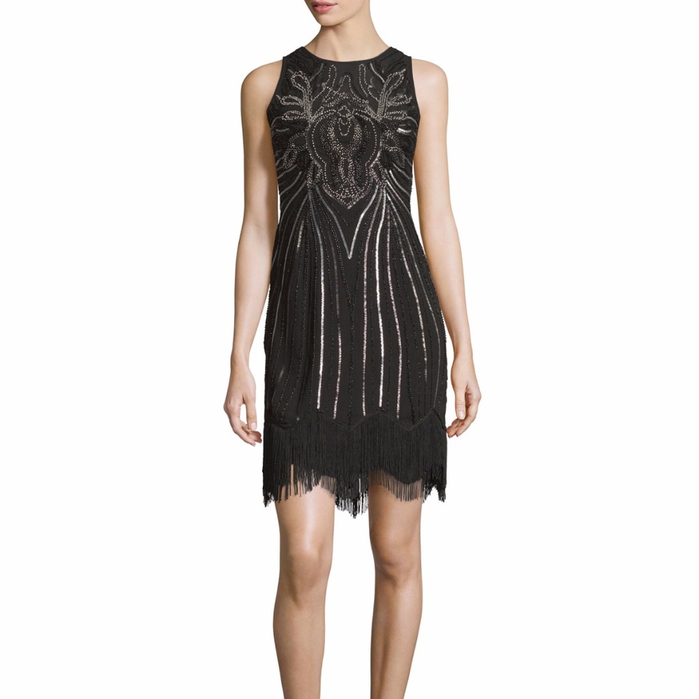 Embellished Black Fringe Cocktail Sheath Dress