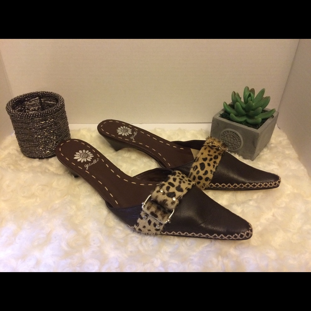 Yellow Box calf hair/leather mules, sz 9