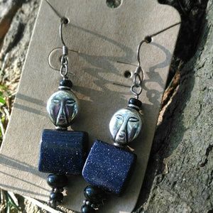 goldstone bead face earrings sterling ear wire