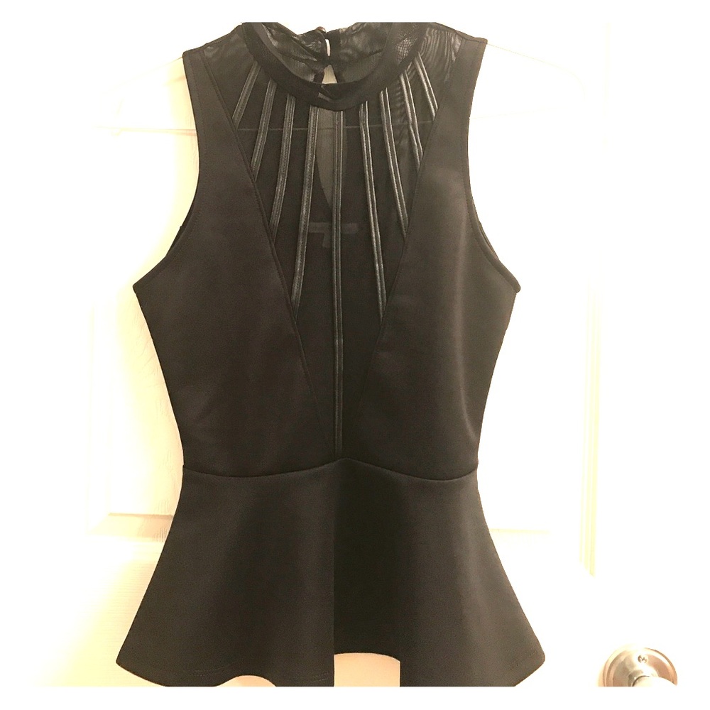 Black Scuba Knit Peplum Top with Mesh V-Neck