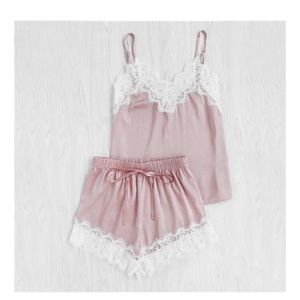 Pink lace satin pajama set