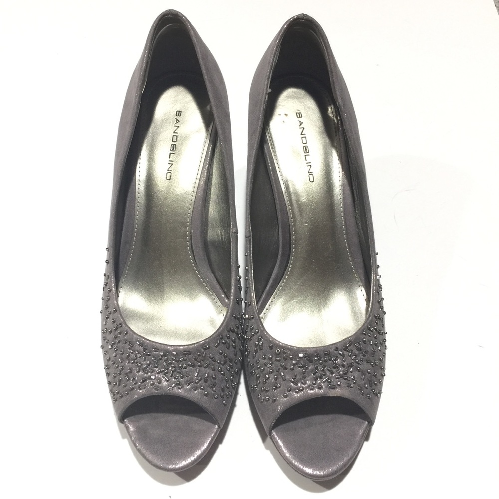 BANDOLINO MIRABEL SATIN BEADED PEEP TOE HEELS
