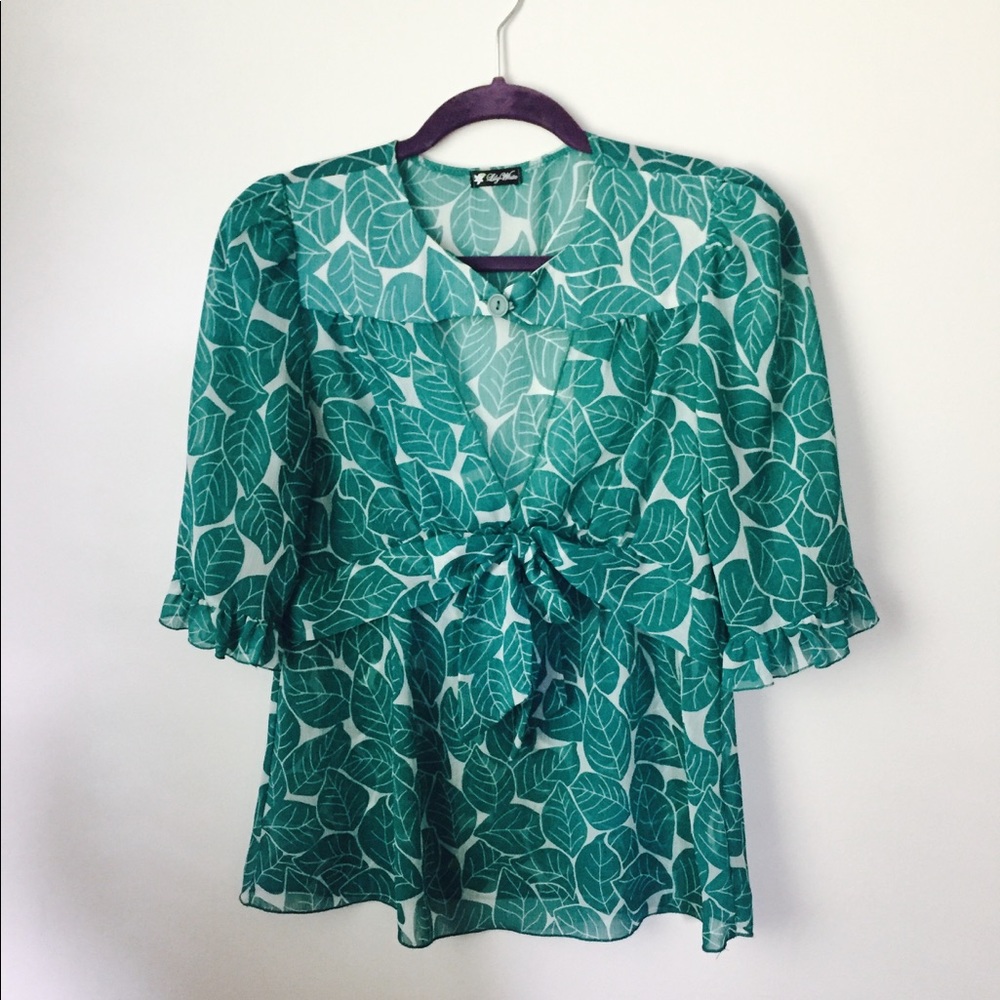 Lily White Label Turquoise and White Leaves Blouse