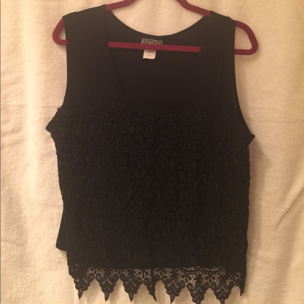 Classic black applique/lace front top