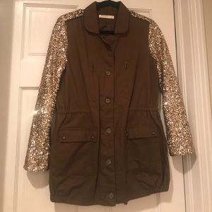 Vera and Lucy sequin sleeved olive army jacket