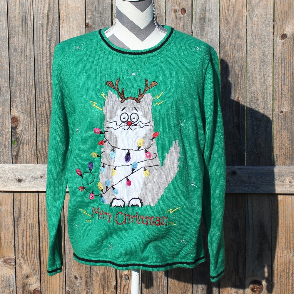 Light up "Ugly" green Christmas cat sweater