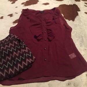 Maroon see-thru blouse with ruffle & brass buttons