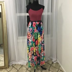 MAXI DRESS | Floral, pink and black stripes top