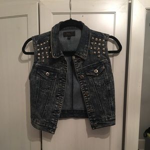 Distressed studded denim vest