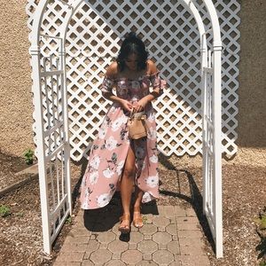 Front slit off the shoulder floral maxi dress