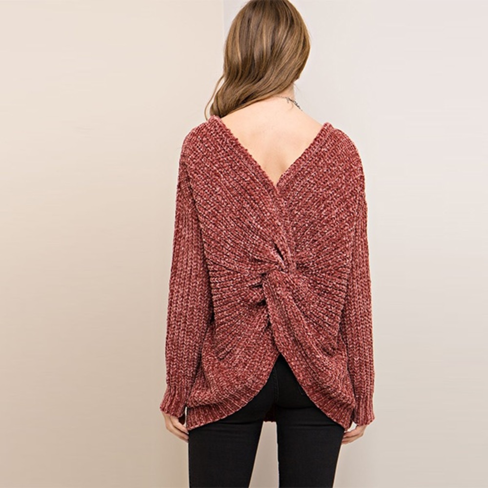 Pre-order. Wrap style back detail solid sweater
