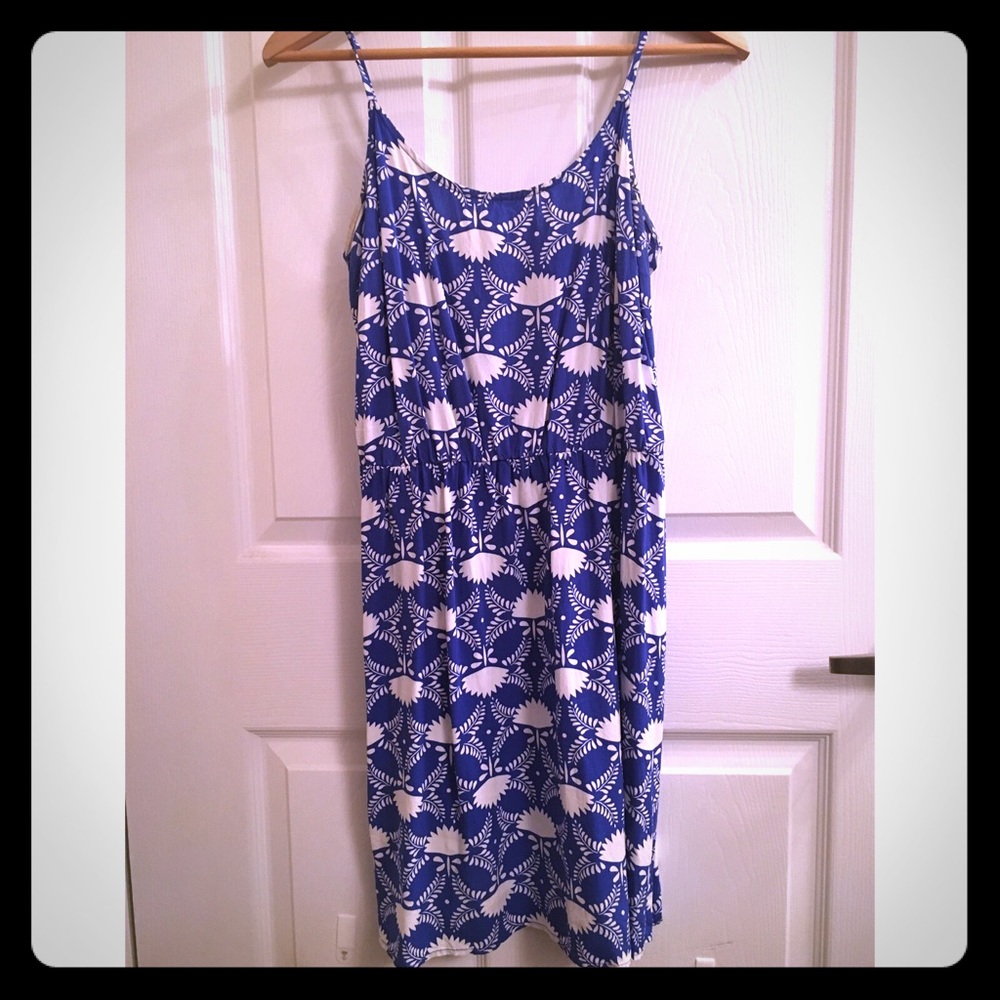 Blue Patterned seam waist dress.