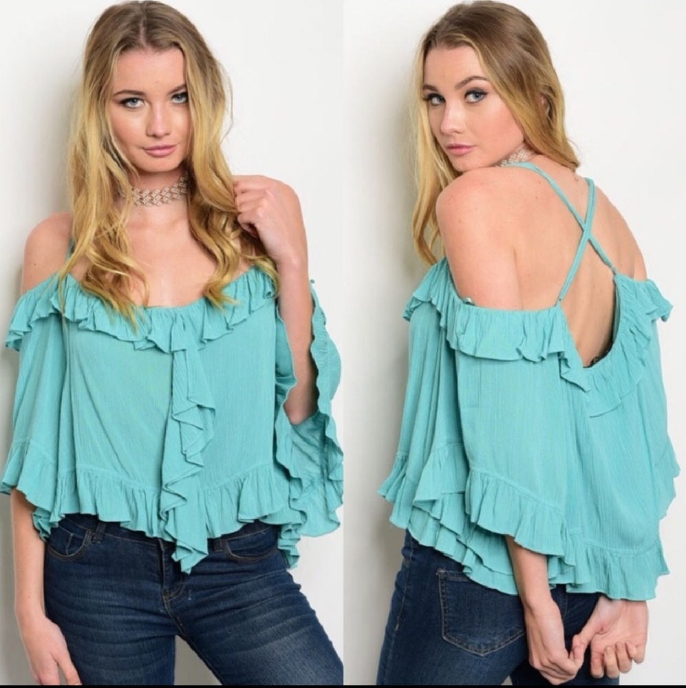 Flirty teal cold shoulder top