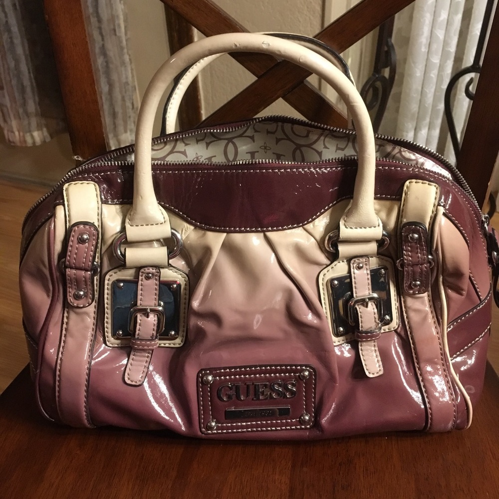 #I Shiny purple and cream Guess satchel