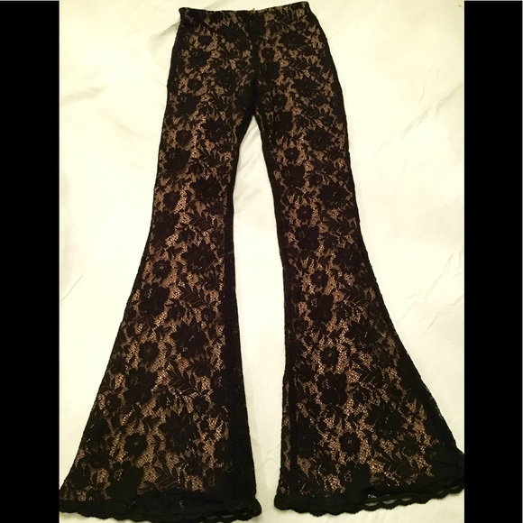 Cache Pants - CACHE BLACK LACE & Lined FITTED FLARE LEG PANTS XS