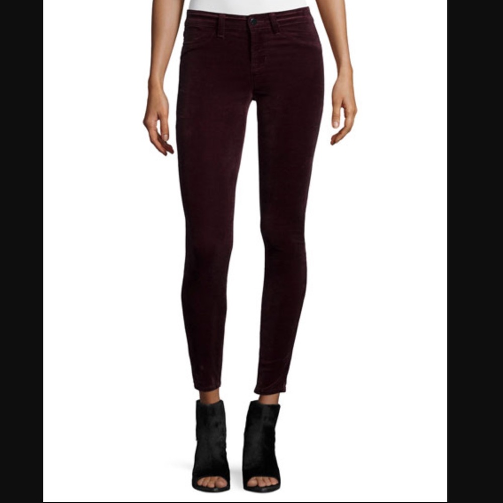 J Brand Burgundy Velvet Mid Rise Skinny Jeans