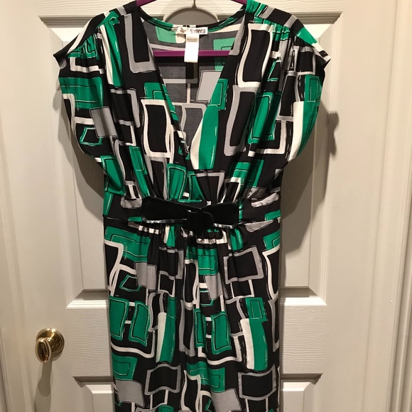 Kelly Green/Black abstract Dress w/leather belt - Picture 1 of 4
