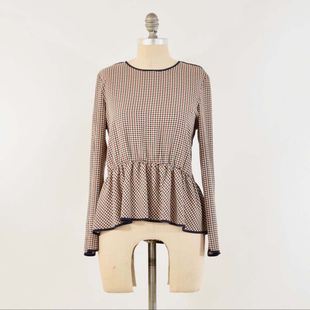 ❌SOLD❌ZARA Navy + Red Houndstooth Peplum Blouse - Picture 1 of 5
