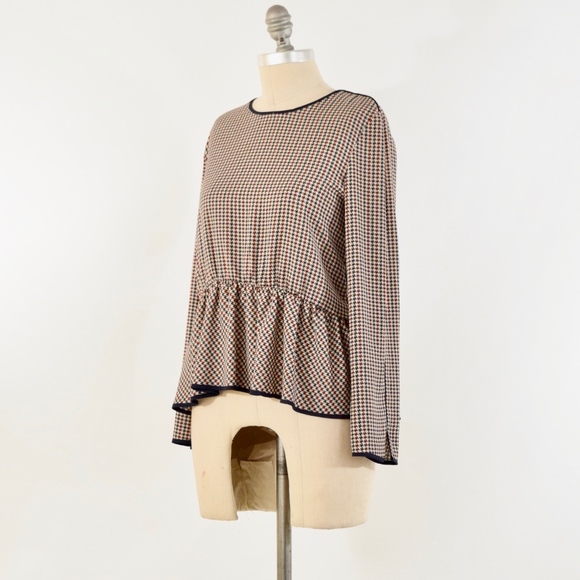 ❌SOLD❌ZARA Navy + Red Houndstooth Peplum Blouse - Picture 3 of 5