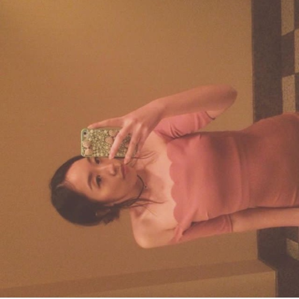 Scalloped off the shoulder midi dress.