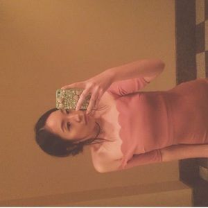 Scalloped off the shoulder midi dress.