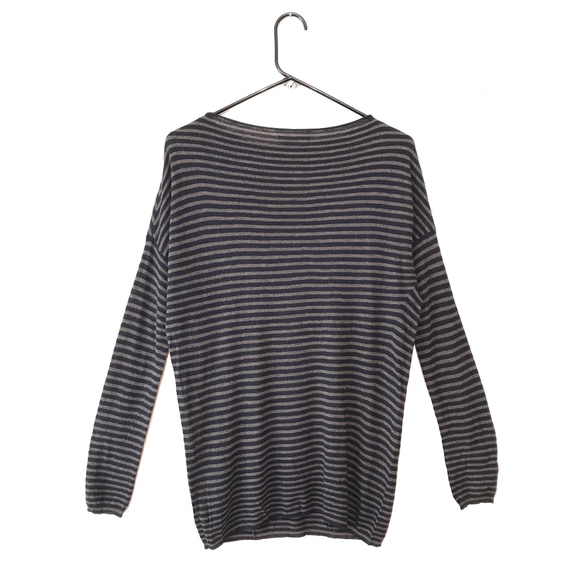 VINCE Grey + Navy Striped Crew Neck Sweater - Picture 2 of 2