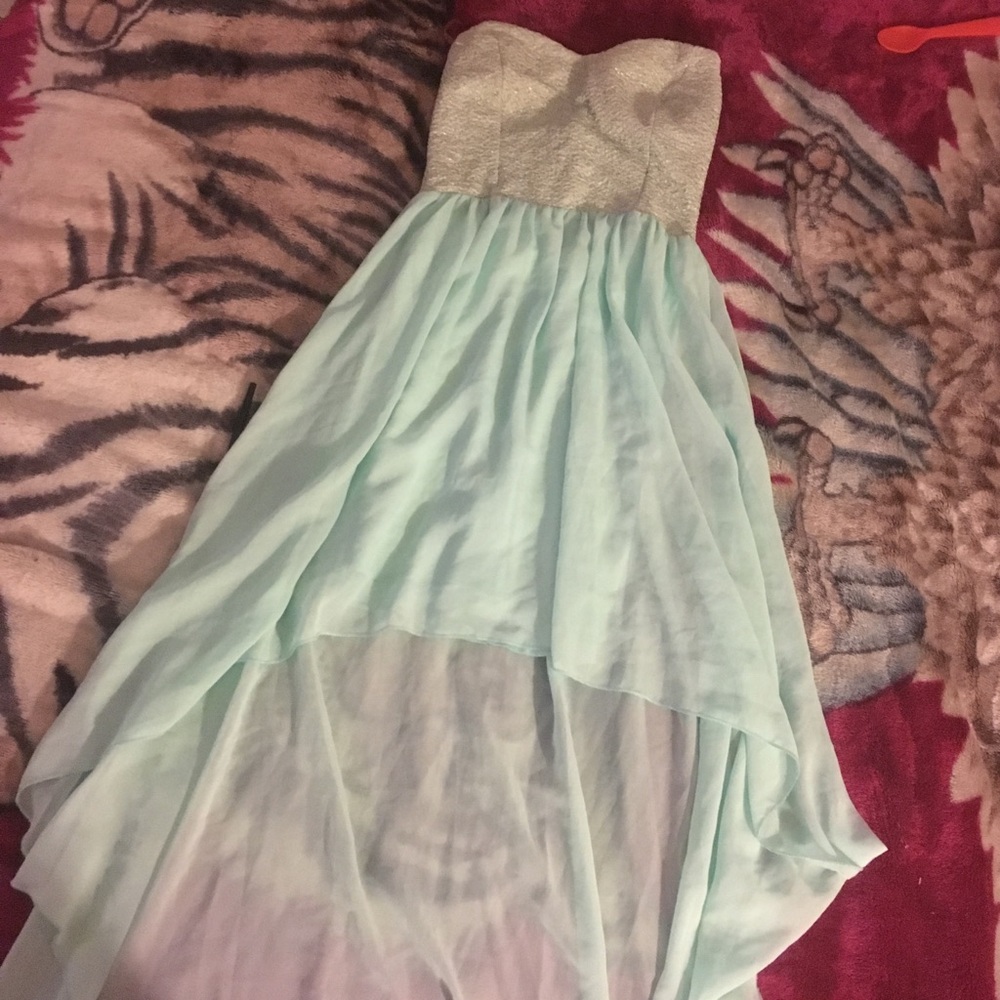 Ladies high low strapless aqua dress