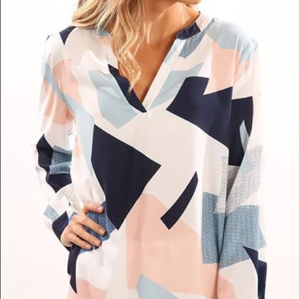 Geometric V Neck Long Sleeve Blouse