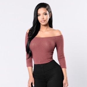 Red brown ribbed off the shoulder crop top