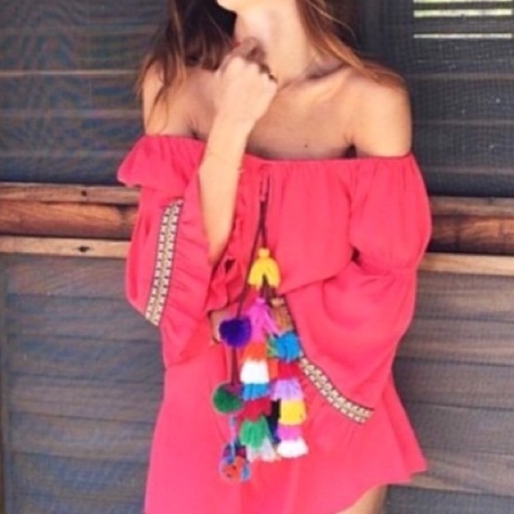 Off the shoulders dress / tunic with pompon tassel - Picture 2 of 7