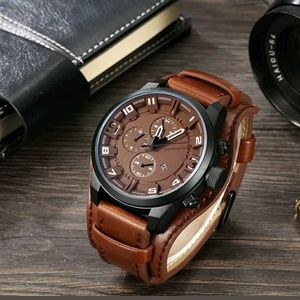 New men watch sport army military leather analog