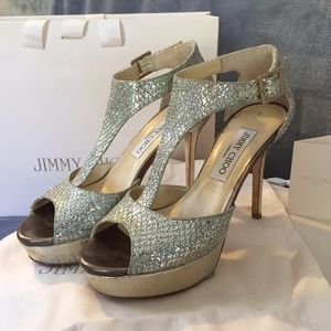 JIMMY CHOO Platform Peek Toe Heels Silver Size 5.5