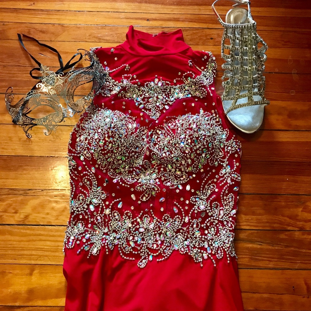 Red AB Rhinestone Chiffon & Jersey Knit Dress