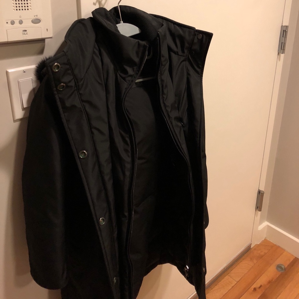 Postcard City Coat with fox fur removable hood.