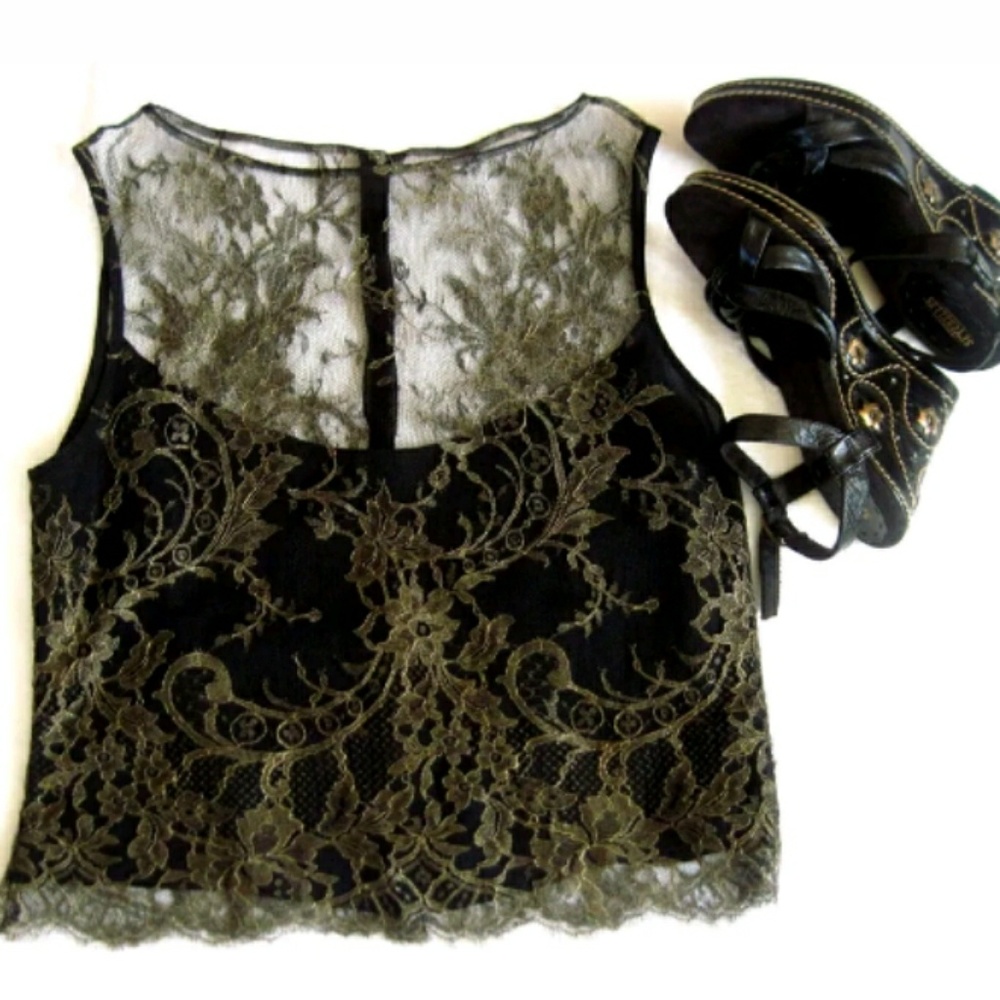 Black Gold & Metallic Delicate Lace Blouse Top
