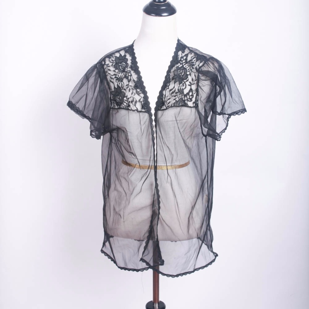 VINTAGE sheer lace robe sleepwear mod  short black