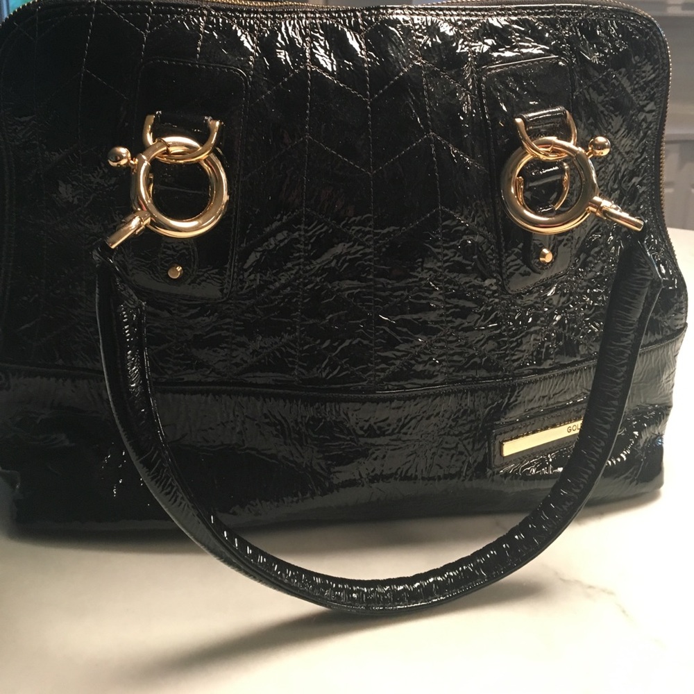 Golden blue patent handbag