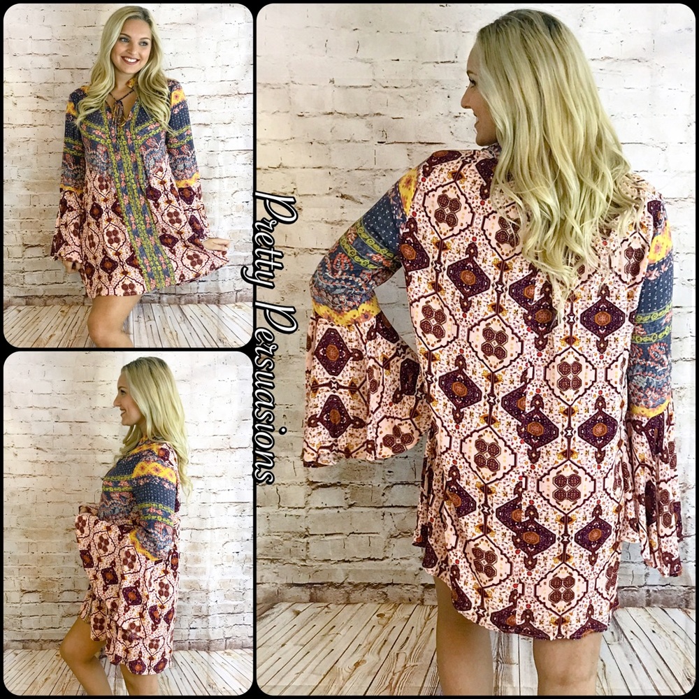 SALE‼️ NWT Printed Bell Sleeve Boho Festival Dress - Picture 3 of 5