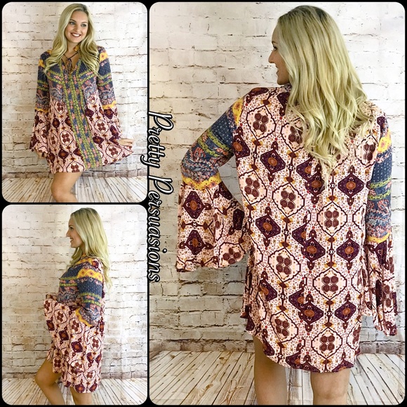 SALE‼️ NWT Printed Bell Sleeve Boho Festival Dress - Picture 3 of 5
