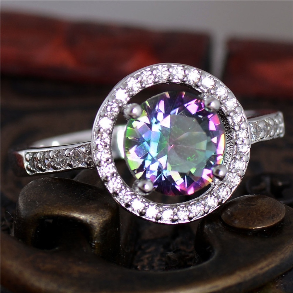 S925 Silver Round Mystic Purple Crystal Cz Ring - Picture 1 of 6