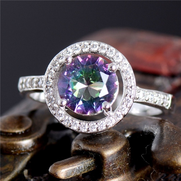 S925 Silver Round Mystic Purple Crystal Cz Ring - Picture 5 of 6