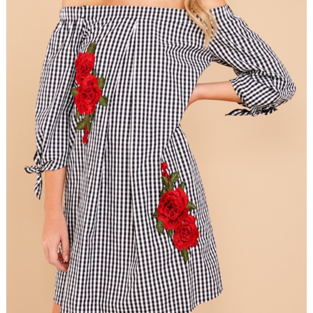 Gingham + floral detail off shoulder dress