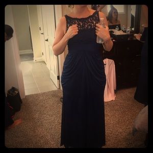 Navy floor length dress with lace detail. Sz 6