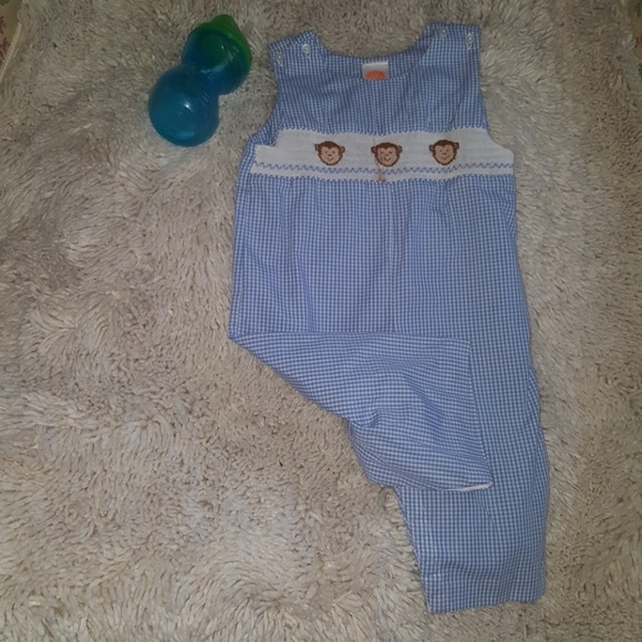 Smocked one piece blue and white jumper monkeys - Picture 1 of 5
