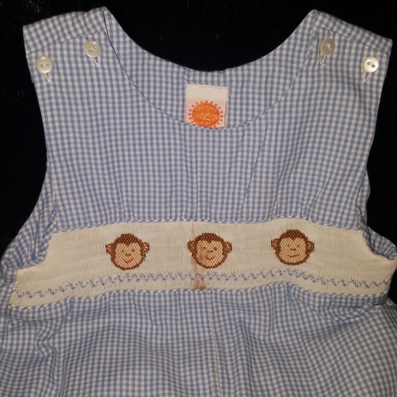 Smocked one piece blue and white jumper monkeys - Picture 3 of 5
