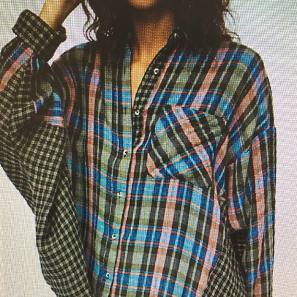 Free People Plaid Button Down Top Oversized Shirt