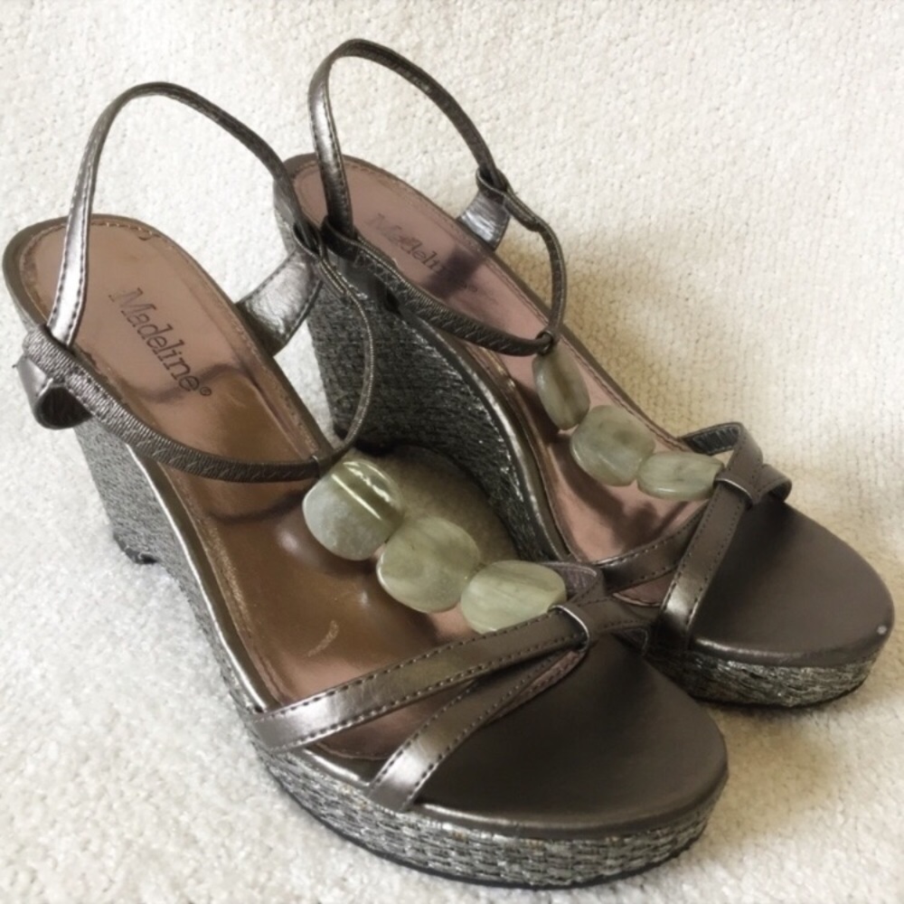 Metallic Gray Strappy Wedge Sandals
