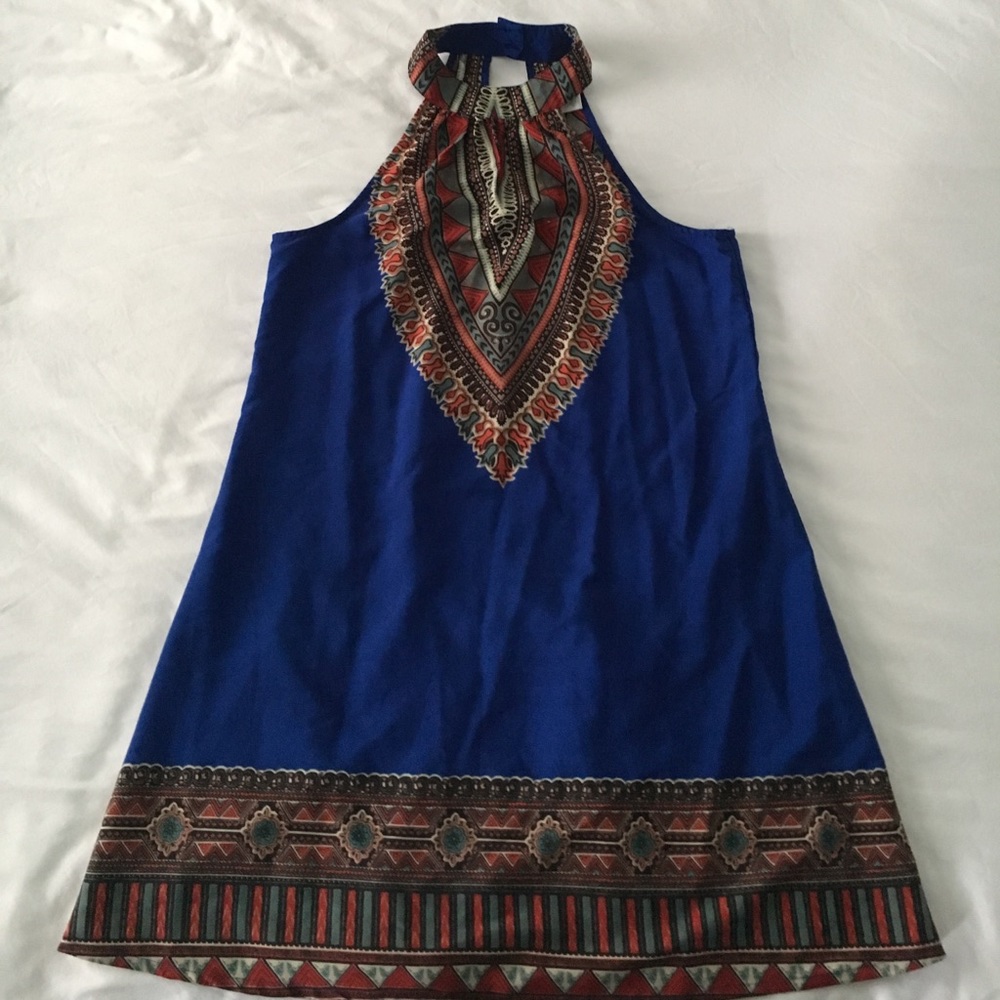 High neck blue multicolor shift dress