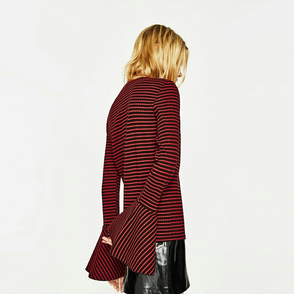 Zara Ribbed Frilled Sweater Red Black Stripe S - Picture 1 of 6