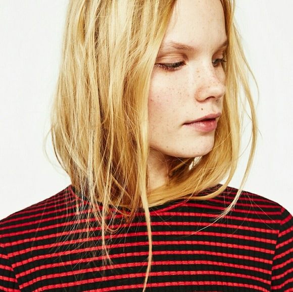 Zara Ribbed Frilled Sweater Red Black Stripe S - Picture 6 of 6